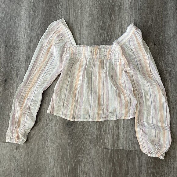 BCBGeneration Pink Chiffon Smocked Striped Square Neck Blouse size XS - Picture 2 of 4